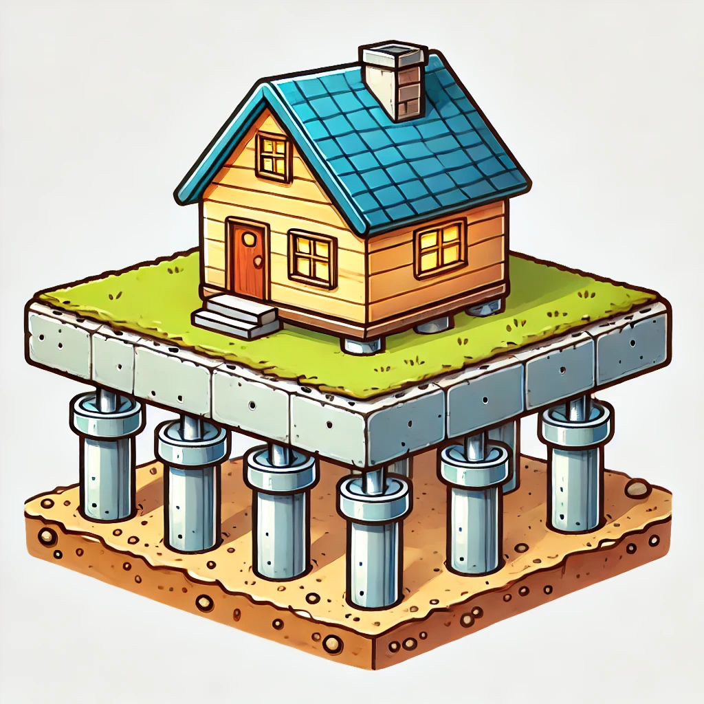 Pier and Beam Foundation vs. Slab - A Slab Pier Foundation Color Illustration Showing a House on a Slab on Piers