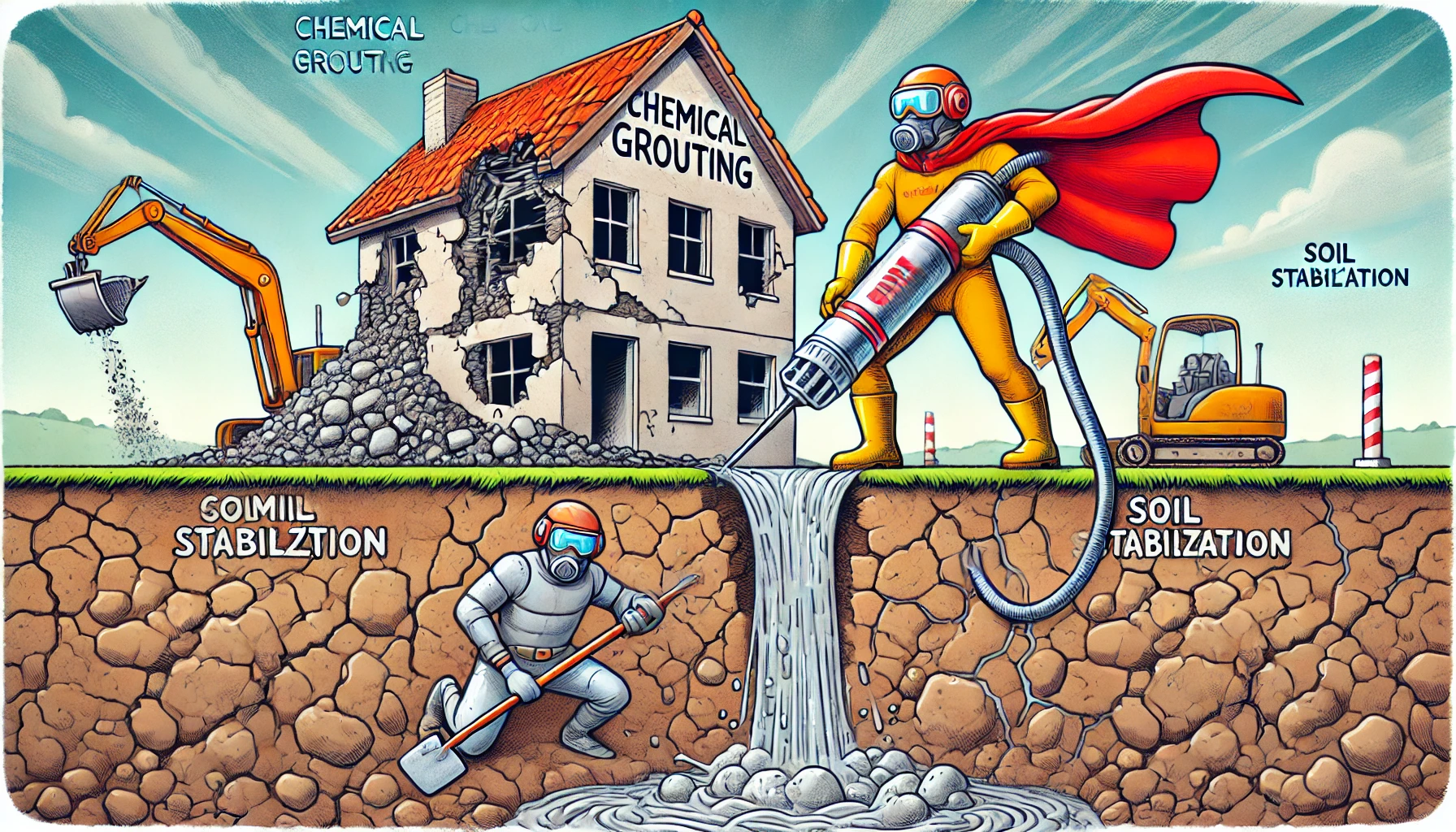 How Chemical Grouting and Soil Stabilization - A Funny Cartoon with a Superhero injecting Grout to Save a Crumbling Home