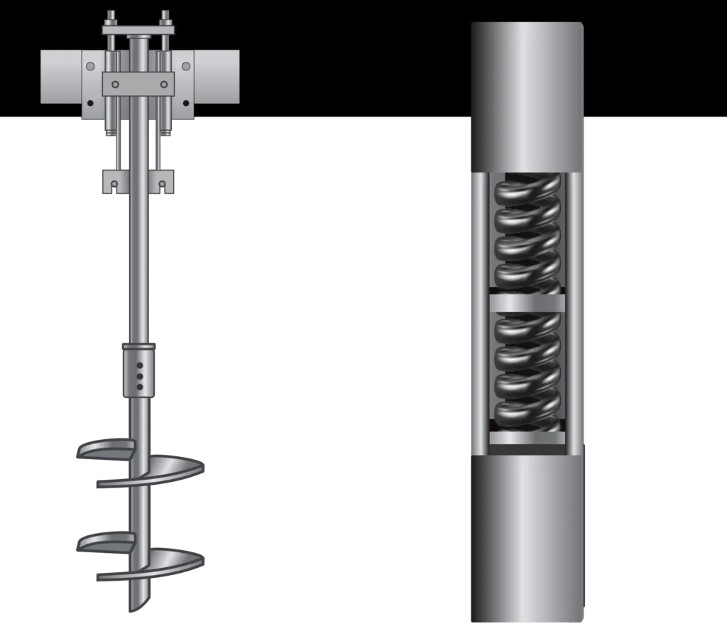 Helical Piers Installation - A Color Diagram Showing a Close-up of a Helical Pier with a Cut-out and Close-up of the Connector Piece Where they Are Extended to Reach Deeper, Load Bearing Strata