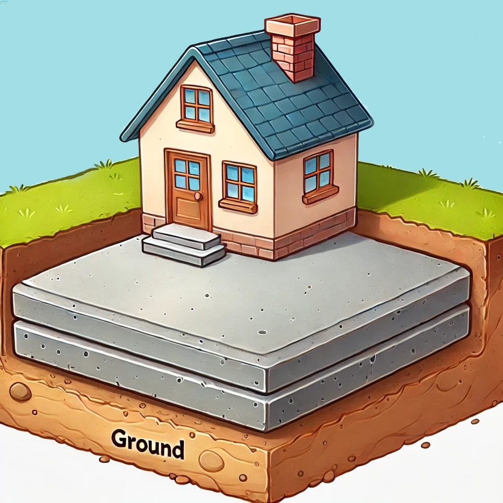 Pier and Beam Foundation vs. Slab - A Color Illustration of a Slab Foundation Sitting on the Cut-Out Ground with a House on It