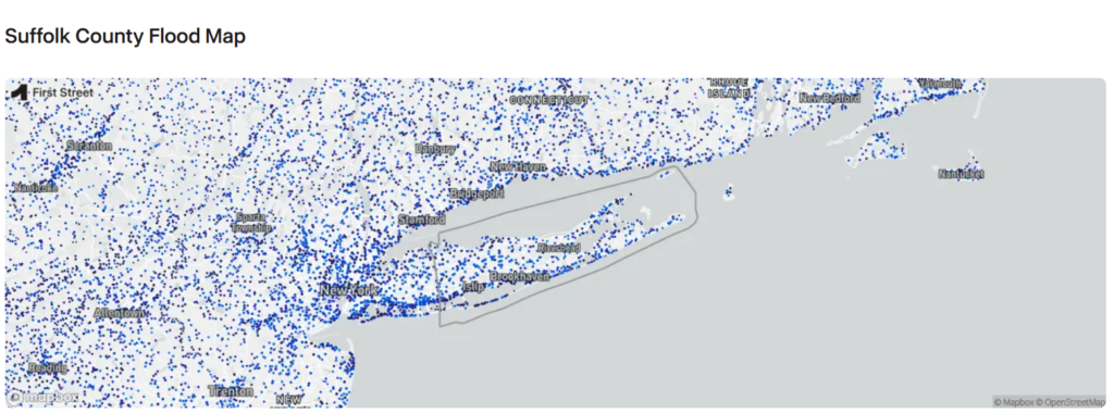 Residential Helical Piles - A Screenshot of the RiskFactor.com Website Showing Vulnerable Properties in Suffolk County NY