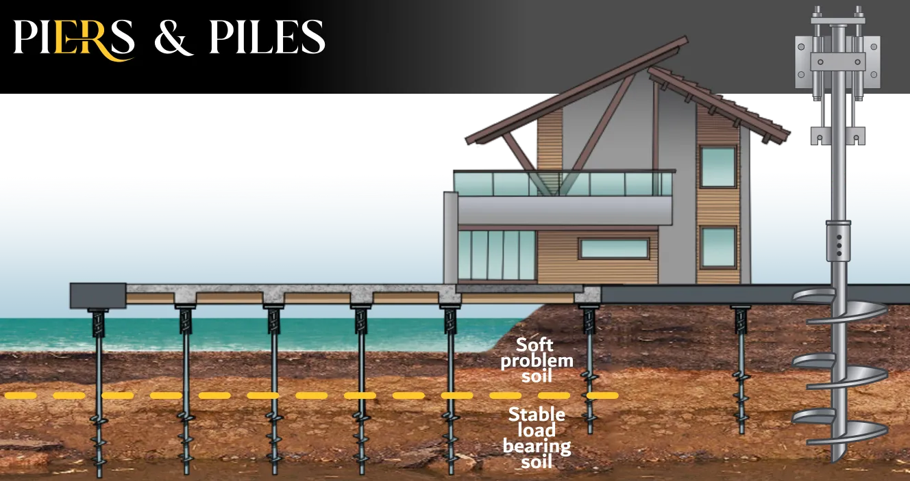 Helical Piers for Docks - A Color Illustration of How Helical Piers Support Docks for Long Term Stability