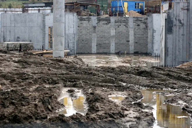 When to Install a Helical Pier Foundation for New Construction - A Muddy Construction Site with Standing Water on the Ground