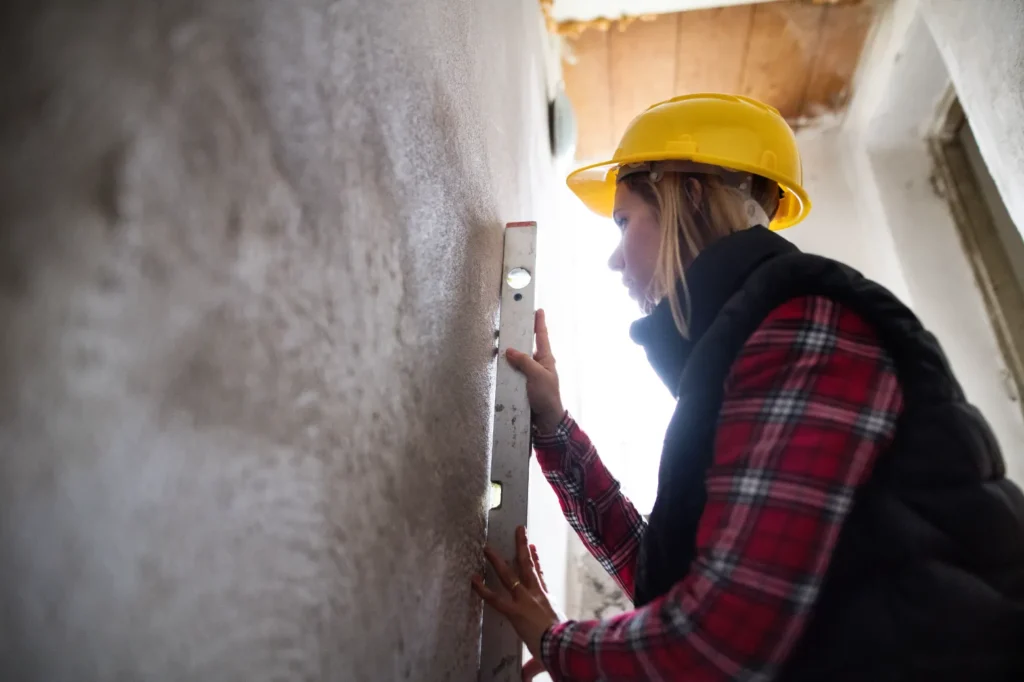 Foundation Wall Brae Contractor in Long Island - A Woman Checking Her Wall with a Level