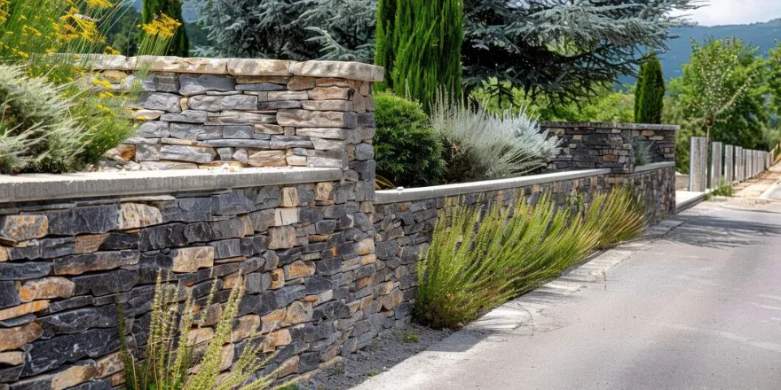 Limestone Retaining Wall - A Limestone Retaining Wall Outside a Commercial Facility